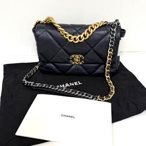 CHANEL 19 Navy Blue Lambskin Quilted Medium Flap Shoulder Bag Gold Chain CC Logo
